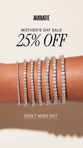 This image ad for Aurate promotes a Mother's Day sale with a 25% discount. The focus is on a collection of diamond b
