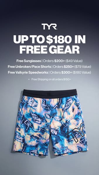This image ad by TYR is intended to make potential customers aware of their ongoing sale of free gear. The ad highlights