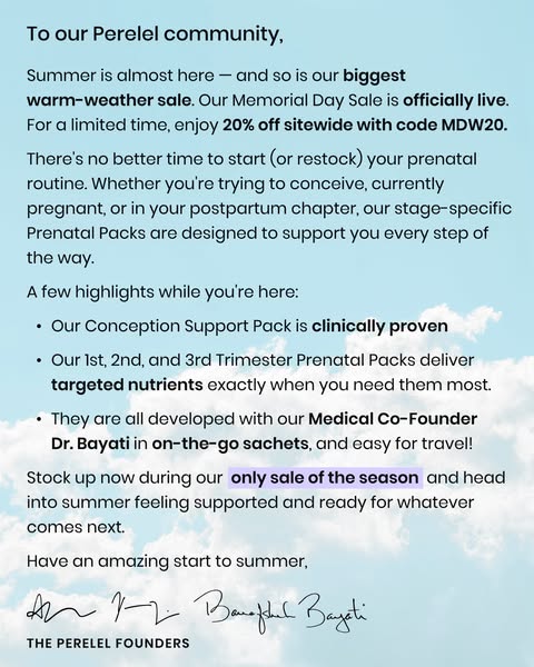 This ad announces Perelel's Memorial Day sale on prenatal packs to its customer community.