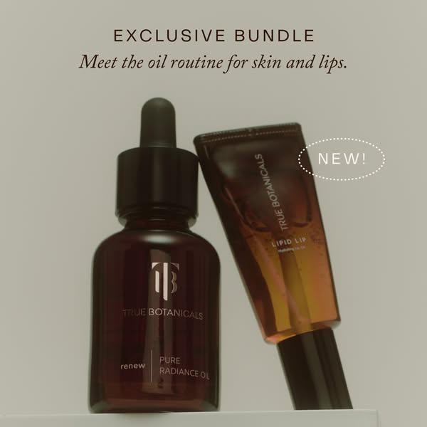 This ad showcases an exclusive bundle from True Botanicals, featuring their Pure Radiance Oil and Lipid Lip product, hig