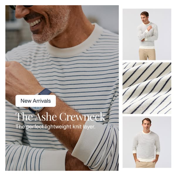 This image ad promotes The Ashe Crewneck, described as the perfect lightweight knit layer. The ad features close-up and 