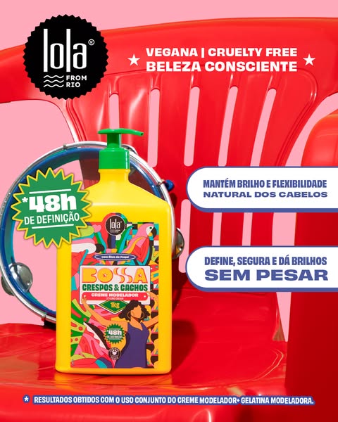 This image ad promotes Lola From Rio's Bossa Cachos hair styling cream. The ad highlights the product's ability