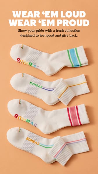 This image ad is for Bombas socks, featuring a collection with colorful stripes at the top. The ad emphasizes pride and 