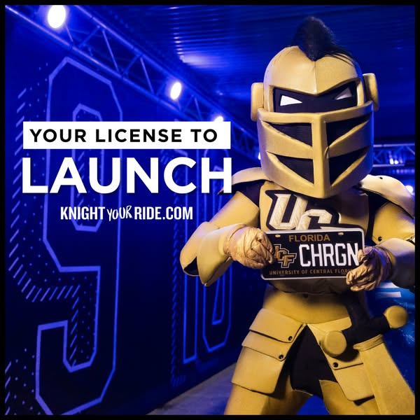 The image ad features the mascot for the University of Central Florida (UCF), who is wearing gold armor and holding a li
