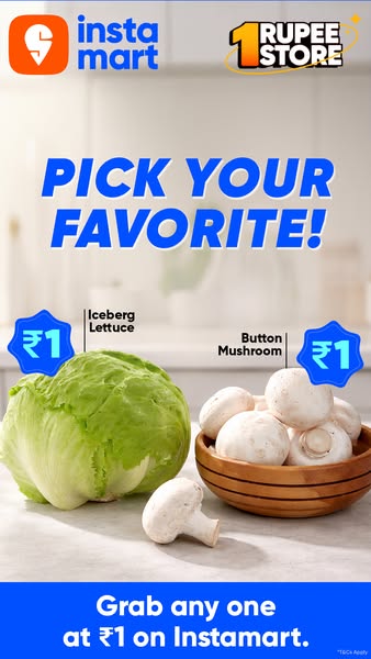 This ad showcases Instamart's offer of iceberg lettuce and button mushrooms for ₹1 each, aiming to attract customers