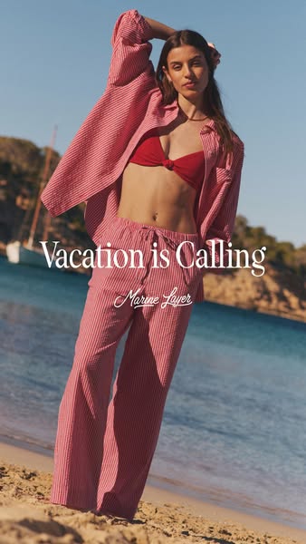 An ad for Marine Layer featuring a model wearing their red and white striped shirt and pants. The text states, 'Vaca