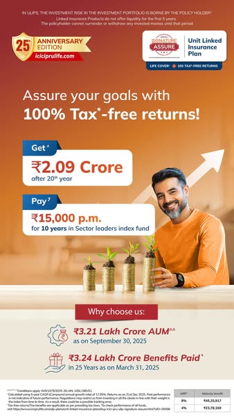 This image ad promotes ICICI Prudential Life Insurance's Unit Linked Insurance Plan, highlighting tax-free returns a