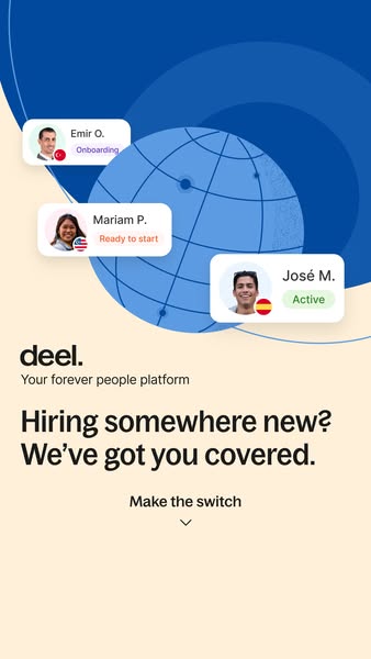 This ad promotes Deel as a people platform that helps businesses hire internationally. The ad features a globe graphic a