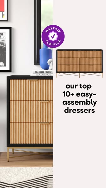 This ad showcases Wayfair's top 10+ easy-assembly dressers. The ad features a Wayfair Verified badge and a modern dr