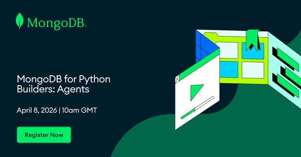 This ad is for MongoDB for Python Builders: Agents. It shows the date and time for April 8, 2026 at 10 am GMT and includ