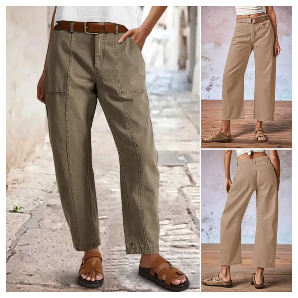 This image ad features a collage of women's casual pants in a neutral color palette. The ad showcases the pants bein
