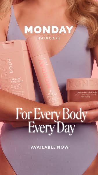 This ad for Monday Haircare features three body products that are held by a person in a light purple bathing suit, with 