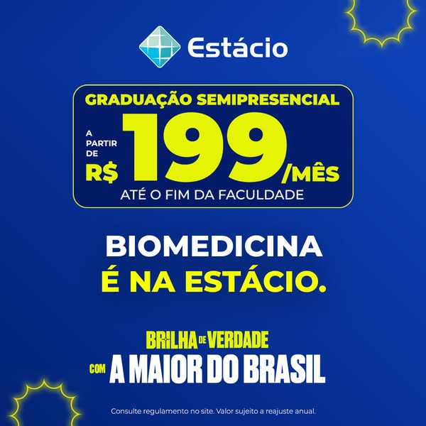 This ad promotes biomedicine studies at Estácio. It emphasizes the semi-presential format and highlights a starting pric