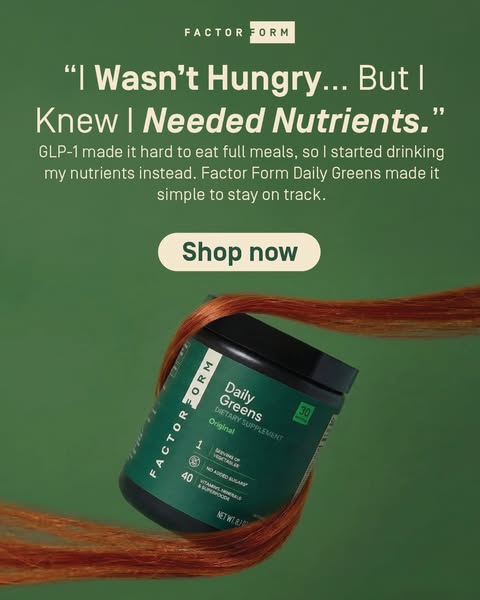 This image ad for Factor Form Daily Greens uses a customer testimonial at the top of the image to highlight the drink