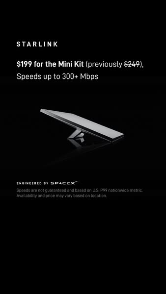 This ad presents Starlink's Mini Kit, highlighting its affordability, performance capabilities, and compact design. 