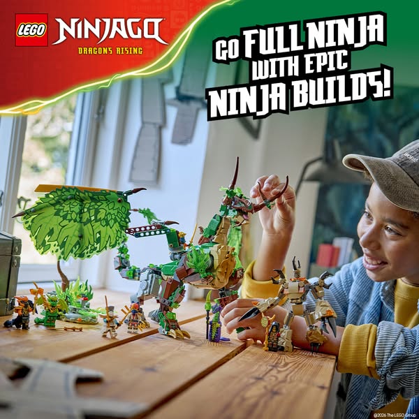 This image ad promotes LEGO Ninjago Dragons Rising sets, highlighting the epic ninja builds. The ad targets children int