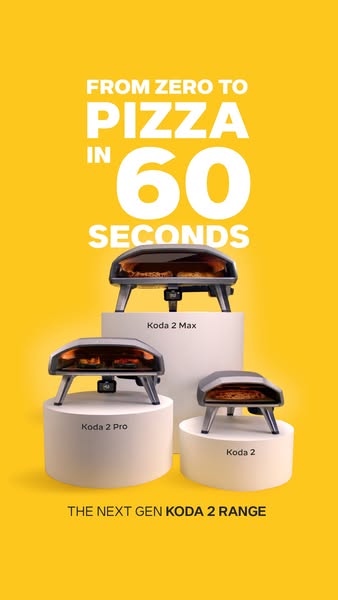 This ad features the Ooni Koda 2 range of pizza ovens, promising a pizza in 60 seconds.