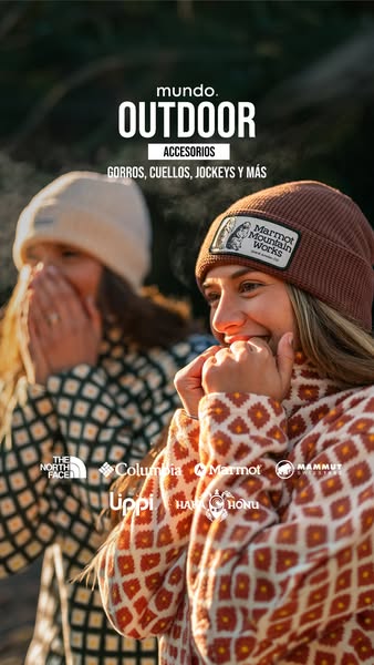 This image ad promotes Mundo Outdoor accessories, specifically hats, beanies, neck warmers, and caps from brands like Th