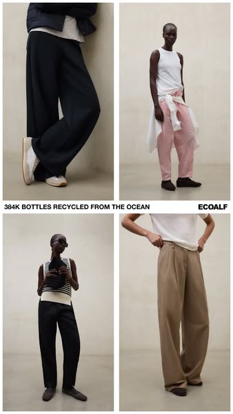 This image ad for Ecoalf features four images of the brand's wide-leg trousers, each made of recycled materials. The