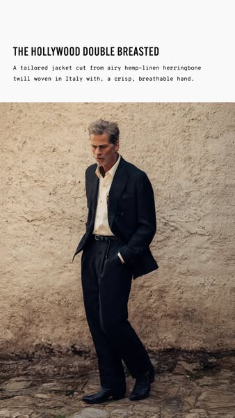 This image ad features a man modeling a Hollywood Double Breasted jacket.