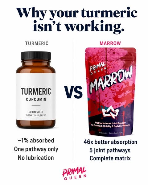 This image ad is designed to highlight the advantages of Primal Queen's Marrow supplement over traditional turmeric 
