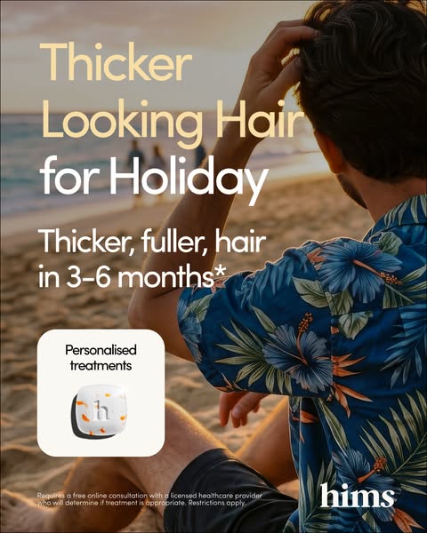This ad is promoting hims personalized hair treatments that will give you thicker, fuller hair in 3-6 months. The man in