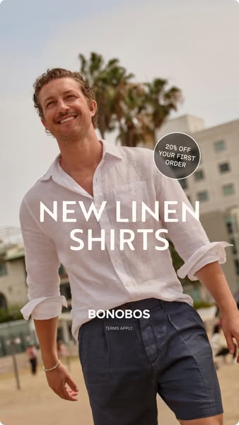 This ad showcases a male model wearing Bonobos linen shirts, highlighting the brand's appeal and offering a 20% disc