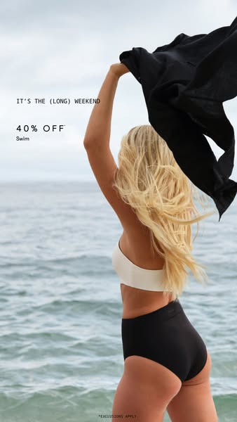 Image ad for swim products from a brand offering a discount for the long weekend.