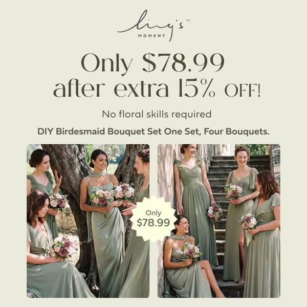 The image ad promotes Ling's Moment DIY bridesmaid bouquet sets, highlighting affordability and ease of assembly.