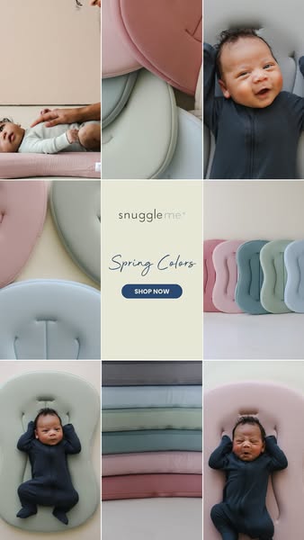 This ad uses a grid layout to promote Snuggle Me baby loungers in a variety of spring colors.