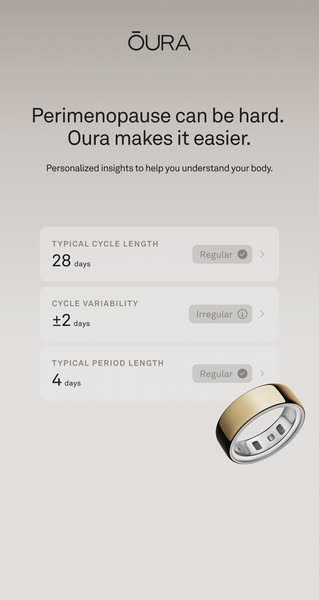 This image ad for Oura focuses on how the Oura ring helps make perimenopause easier to manage. The ad uses a soft color 