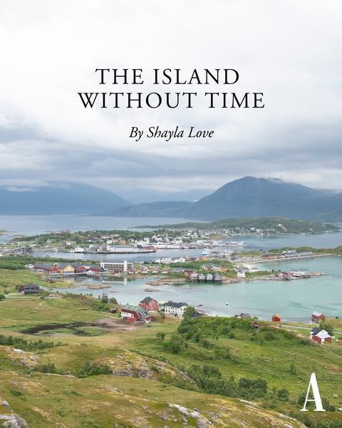 This ad features an image of a scenic island landscape with the title of a book, "The Island Without Time," an