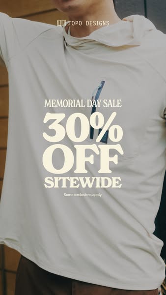 This image ad by Topo Designs promotes a 30% off sitewide Memorial Day sale.