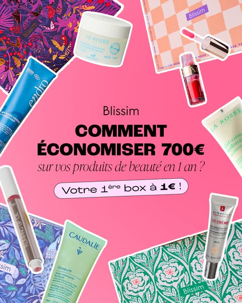 This ad for Blissim, a beauty product subscription box service, features a range of skincare and makeup products in thei