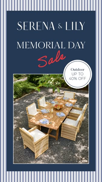 This image ad for Serena & Lily promotes their Memorial Day Sale, highlighting an outdoor dining set with a discount