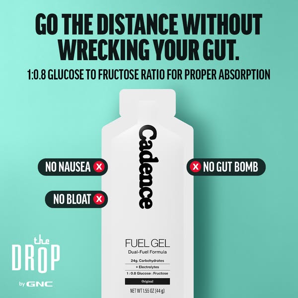 This ad promotes Cadence fuel gel, highlighting that it is designed to fuel performance without causing stomach upset. I