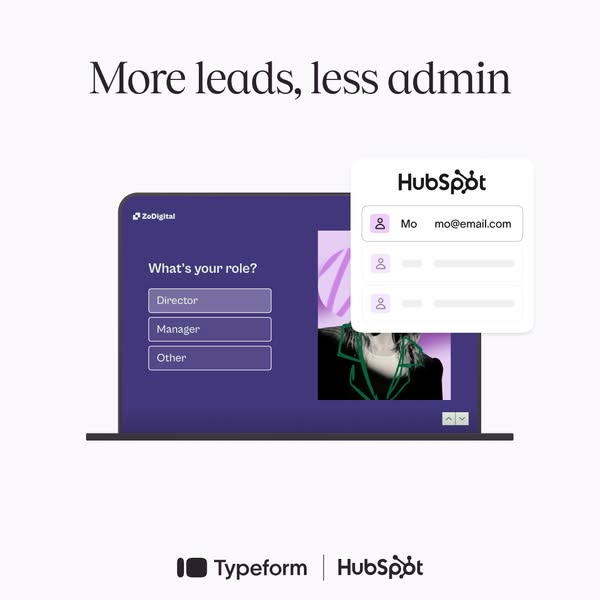 This ad promotes Typeform and Hubspot as a solution to generate more leads and reduce administrative tasks. It features 