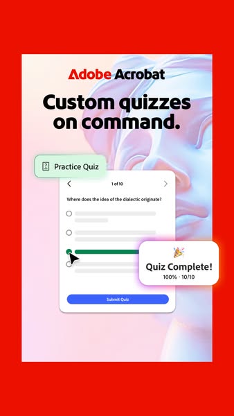 The ad promotes Adobe Acrobat with a focus on creating custom quizzes. It showcases a quiz interface on a mobile device 