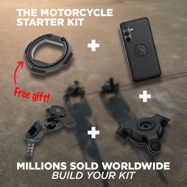 This ad showcases a selection of Quad Lock motorcycle accessories, highlighting a free gift offer and promoting the popu