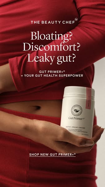 This ad for The Beauty Chef's Gut Primer+ focuses on viewers experiencing bloating, discomfort, and a leaky gut. It 