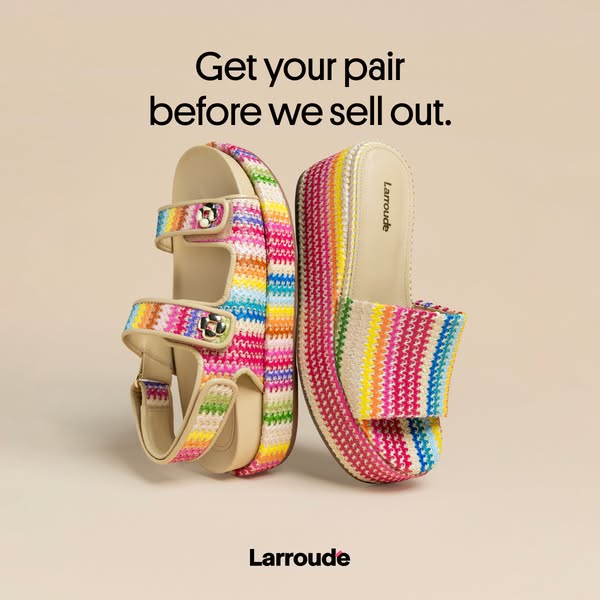 This image ad promotes Larroude brand shoes. The ad uses a scarcity prompt and an image of the brand's colorful plat