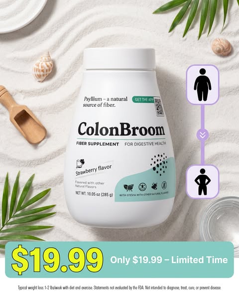The ad showcases ColonBroom fiber supplement, promoting it as a solution for digestive health. It visually presents the 