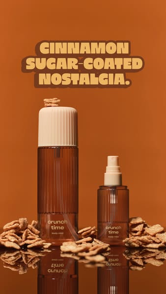 This ad showcases the Crunch Time body mist by Good Mood in a studio setting. The ad features a close up product shot wi