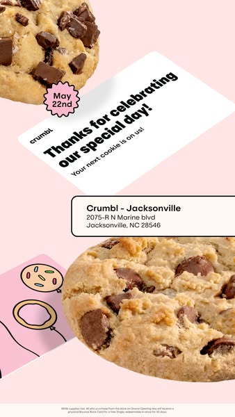 This ad is for Crumbl Cookies. The ad promotes a free cookie on the customer's special day.