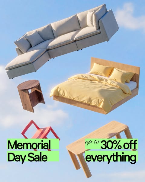 Ad featuring a sofa, bed, stool, and bench floating against a blue sky background with the Memorial Day Sale offer.