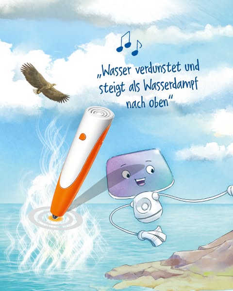 An animated image of a reading pen hovering above water with steam. The image also features a cartoon character and an e