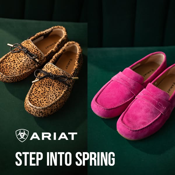 An ad featuring two different Ariat footwear styles. On the left are cheetah print loafers with a dark bow, and on the r