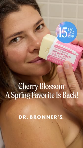 An image ad promoting Dr. Bronner's Cherry Blossom bar soap, highlighting that it's a spring favorite and offeri