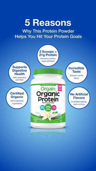 This is a visually driven ad showcasing five reasons why the viewer should buy Orgain Organic Protein.