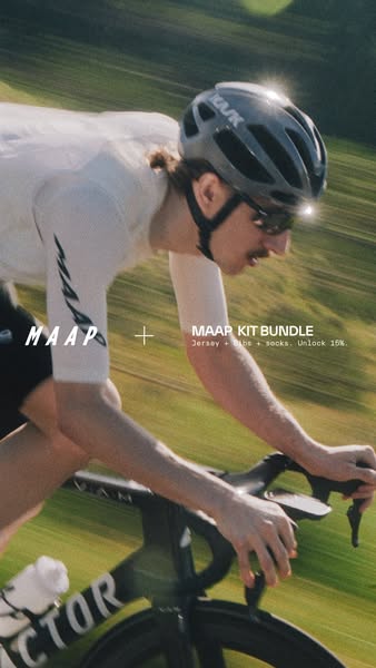 An image ad for MAAP cycling apparel highlights a kit bundle that includes a jersey, bibs, and socks. A cyclist wearing 